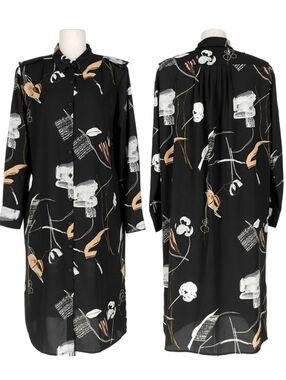 Bruuns Bazaar Black Button Up Patterned Midi Dress, M